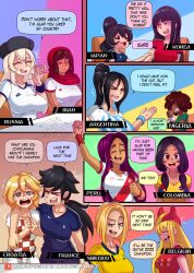 accelart argentina argentina-chan_(accelart) big_breasts comic_page croatia dark-skinned_female dialogue dinner football_uniform foreshadowing france latina light-skinned_female meeting national_personification nigeria-chan_(accelart) only_female peru peruvian_female russia-chan_(accelart) russian_girl world_cup