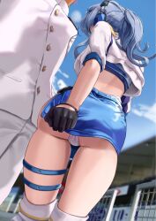 1boy admiral_(kantai_collection) ass blue_hair blue_tube_top boots chicken_(chickenx) female from_behind gloves gotland_(kantai_collection) half_gloves highres kantai_collection long_hair military military_uniform naval_uniform panties race_queen revealing_clothes shrug_(clothing) skimpy_clothes skirt skirt_slip_up skirt_too_short skirt_tug strapless thigh_strap thighs tube_top underwear uniform white_panties