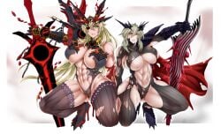 2girls abs areola_slip artoria_pendragon_(fate) artoria_pendragon_(lancer_alter) artoria_pendragon_(lancer_alter)_(fate) bare_shoulders barghest_(gawain)_(fate) black_sclera blonde_hair blood braid breasts cape chains closed_mouth colored_sclera commentary_request fate/grand_order fate_(series) female female_only french_braid gauntlets gloves greatsword green_eyes hair_between_eyes heterochromia highres holding holding_sword holding_weapon horns huge_breasts injury lance large_breasts long_hair looking_at_viewer multiple_girls muscular_female navel polearm red_cape red_eyes shiriya simple_background sword thighhighs thighs torn_clothes weapon white_background yellow_eyes