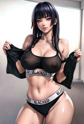 1girls ai_generated black_hair blacked blacked_clothing blunt_bangs breasts breasts_visible_through_clothing collarbone dead_or_alive female female_only light-skinned_female light_skin looking_at_viewer mole_under_mouth nipples_visible_through_clothing nyotengu opening_jacket pale-skinned_female pale_skin purple_eyes shiny_breasts shiny_thighs solo sport_panties sport_shorts sportswear stable_diffusion straight_hair tagme toned_female translucent_clothing underwear undressed