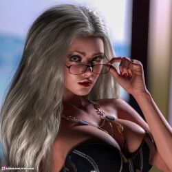 1girls 2023 3d adjusting_glasses cleavage clothed clothing depth_of_field elyse_(vitergo3d) female female_only glasses indoors large_breasts lipstick looking_at_viewer necklace original_character red_nail_polish red_nails shiny_clothes solo solo_female vitergo3d window