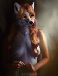 absurd_res anthro breasts calm canid canine detailed detailed_background digital_media_(artwork) female fineart fox fur hair hi_res mammal nipples nude realistic red_hair renebe signature solo