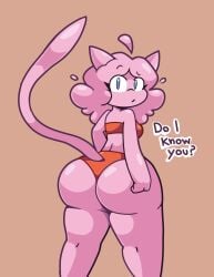 2023 anthro ass big_ass bottom_heavy bottomwear cat_ears hi_res looking_at_viewer looking_back may_(tomfooleryarts) medium_hair mew nintendo pink_body pink_hair pokemon pokemon_(species) pokemon_rgby tail text thick_thighs thighs tomfooleryarts tommytornado wide_hips