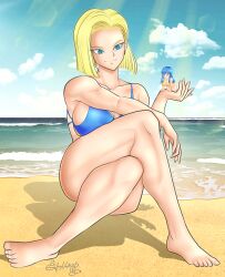 2girls amused android_18 annoyed annoyed_expression barefoot beach bikini blonde_female blonde_hair blue_bikini blue_eyes blue_hair breasts dragon_ball dragon_ball_z female female_only fully_clothed giantess grimston happy implied_pregnancy implied_vore large_breasts larger_female larger_pred light-skinned_female looking_at_prey maron ocean pre_vore sand shrinking shrunken_woman size_difference smaller_female smaller_prey story_at_source swimsuit