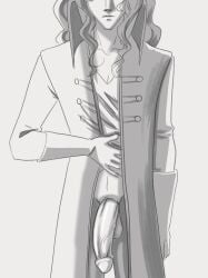 adonis_belt alucard alucard_(castlevania) athletic_male bishonen bottomless bottomless_male castlevania castlevania_(netflix) coat dhampir flaccid_penis gloves large_penis lifting_shirt long_hair long_hair_male long_penis male_only monochrome mostly_clothed muscular_male penis penis_tip presenting presenting_penis solo_male tagme testicles twunk uncensored urethra vampire veiny_penis