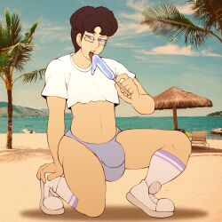 asian asian_male beach big_bulge bulge bulge_through_clothing crop_top glasses kneehighs male male_only nerd nerdy_male no_visible_genitalia original original_character peekleek ruben_koffman self_upload slim solo_male speedo thick_thighs toony tooth_gap