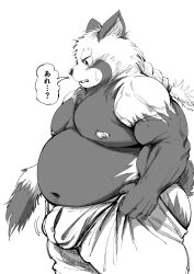 2023 absurd_res ailurid anthro asakura_kento barely_visible_genitalia barely_visible_penis belly big_belly bodily_fluids bottomwear bulge clothing genitals hi_res humanoid_hands japanese_text kemono male mammal meme monochrome moobs navel nipples overweight overweight_male pants penis red_panda solo sweat text tight_pants_(meme)