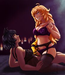 2girls ahoge bed black_hair blake_belladonna blonde_hair bob_cut candles canon_couple cat_ears catgirl color commission draco9625 faunus imminent_sex kemonomimi lesbian lingerie long_hair multiple_girls nipples_visible_through_clothing prosthetic prosthetic_arm prosthetic_limb purple_eyes robotic_arm rooster_teeth rwby short_hair smile tagme wholesome yang_xiao_long yellow_eyes yuri