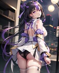 ai_generated alternate_hair_length ass bare_shoulders black_hair blush breasts city detached_collar detached_sleeves dress female from_behind goddess_of_victory:_nikke hair_ribbon huge_ass long_hair looking_at_viewer medium_breasts miniskirt multicolored_hair open_mouth panties parted_lips purple_eyes purple_hair shiny shiny_clothes shiny_hair shiny_skin short_dress sideboob skirt solo syuen_(nikke) thick_thighs thighhighs twintails two-tone_hair very_long_hair