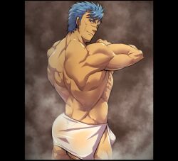 ass back_view balls bercouli bulge funa_(artist) human human_only male male_only no_visible_genitalia scar scar_on_nose solo solo_male steam sword_art_online towel towel_around_waist towel_only