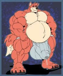 abs anthro balls barefoot belly biceps big_belly big_bulge big_muscles bodily_fluids bottomwear bulge canid canine canis claws clothed clothing digital_media_(artwork) feet fingers fur genital_fluids genitals hi_res huge_bulge hybrid hyena hyper hyper_bulge jockstrap looking_at_viewer male male_only mammal muscular muscular_anthro muscular_male muscular_thighs navel pawpads paws pecs plantigrade simple_background smile solo tail toes topless underwear wolf xibalbakat