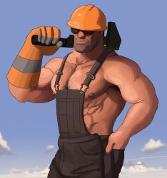 1boy bara bulge engineer_(team_fortress_2) flaccid goggles hairy_armpits hairy_arms hairy_chest hand_in_pocket hard_hat human male_only nipples one_glove overalls remert sarah_borrows sniperstalker solo tagme team_fortress_2 wrench