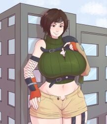 2girls between_breasts big_breasts black_hair blush breasts breasts_bigger_than_head brown_eyes brown_hair building commission embarrassed expansion female female_only final_fantasy final_fantasy_vii giantess happy hips huge_breasts human_only large_breasts larger_female long_hair macro micro_on_breasts pinkkoffin short_hair size_difference smaller_female thick_thighs thighs tifa_lockhart wide_hips window yuffie_kisaragi