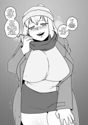 1girls ambiguous_prey ambiguous_situation bending_down big_breasts black_and_white blush blush breasts coat cold ecchipandaa female_pred gyaru hat horny hungry inviting large_breasts larger_female looking_at_viewer original original_character pov pre_vore scarf talking_to_viewer thick_thighs thighs visible_breath winter winter_clothes winter_hat