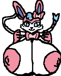 4:5 alpha_channel anthro big_breasts blue_body blue_fur blue_hair breasts cloththeduster digital_media_(artwork) eeveelution female fur generation_6_pokemon genitals hair hands_in_air hi_res huge_breasts looking_at_viewer mammal nintendo nipples nude pink_body pink_fur pink_nipples pokemon pokemon_(species) simple_background smile solo sylveon white_body white_fur