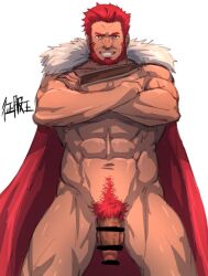 balls beard cape cape_only censored_penis crossed_arms facial_hair fate/zero fate_(series) flaccid funa_(artist) iskandar_(fate) male male_only mostly_nude nude penis pubic_hair red_hair solo solo_male