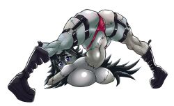 ass black_hair boots botr4n breasts dr.yusei female grey_body grey_skin jack-o_pose looking_back purple_eyes rule_63 thong yusei_fudo