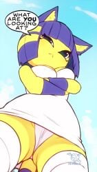 animal_crossing animated ankha arms_crossed cleavage crossed_arms furry look looking_down low-angle_view music nintendo nivaris panties panties_peek sound speech_bubble sunsetniva tagme video yellow_fur