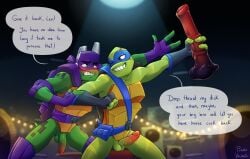 absurd_res animal_dildo animal_sex_toy anthro balls brother brothers dildo donatello donatello_(tmnt) duo equine_dildo erection flaccid genitals hi_res incest leonardo leonardo_(rise_of_the_tmnt) leonardo_(tmnt) male male/male penis purplevelbeth reptile rise_of_the_teenage_mutant_ninja_turtles scalie sex_toy sibling speech_bubble teenage_mutant_ninja_turtles turtle yaoi