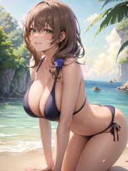 1girls ai_generated beach bikini blush breasts brown_hair cleavage female female_only genshin_impact green_eyes huge_breasts jordan53 large_breasts light-skinned_female light_skin lisa_(genshin_impact) long_hair looking_at_viewer outdoors purple_bikini smile stable_diffusion thick_thighs