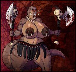 anthro areola areolae axe blood dinosaur erect_nipples female huge_breasts nipple_piercing oblivionrising solo topless tyrannosaurus_rex