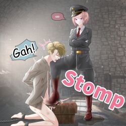 1boy 1girls calf_boots clothed_female_nude_male cock_and_ball_torture comic_page duo english_text femdom hisano interrogation malesub military_uniform original peaked_cap prisoner stepping_on_penis torture_chamber