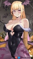 armpit_crease bat_wings black_leotard blonde_hair blush breasts cameltoe closed_mouth clothing clothing_cutout collarbone cosplay covered_navel damobelmont damodar darkstalkers female halloween head_wings highres kitagawa_marin large_breasts leotard light_blush long_hair low_wings morrigan_aensland morrigan_aensland_(cosplay) multicolored_hair pink_eyes pink_hair pumpkin shoulder_cutout sidelocks smile solo sono_bisque_doll_wa_koi_wo_suru teeth vampire_(game) wings