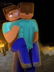 blush gay herobrine holding legs_apart minecraft steve_(minecraft) wrapped_around_another