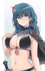 1girls alternate_costume bikini black_bikini black_capelet black_swimsuit blue_eyes blue_hair blush breasts byleth_(female)_(summer)_(fire_emblem) byleth_(fire_emblem) byleth_(fire_emblem)_(female) capelet cleavage closed_mouth commentary_request cowboy_shot dagger female female_only fire_emblem fire_emblem:_three_houses fire_emblem_heroes flower hair_between_eyes hair_flower hair_ornament hand_on_own_chest hibiscus highres knife komurice large_breasts long_hair looking_at_viewer midriff navel nintendo official_alternate_costume red_flower sheath sheathed sideboob sidelocks single_bare_shoulder solo standing swimsuit tassel weapon