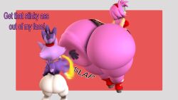 2023 3d amy_rose annoyed anthro big_ass blaze_the_cat cindablimp dumptruck_ass felid feline hedgehog huge_ass hyper_ass large_ass mobian_(species) pink_body purple_body sega slap_mark slapping_butt sonic_(series) sonic_the_hedgehog_(series) source_filmmaker taller_girl thick_thighs wide_hips