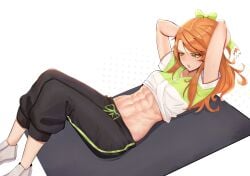 1girls abs absurdres arms_behind_head breasts cropped_shirt deccatezu etie_(fire_emblem) exercise female female female_only fire_emblem fire_emblem_engage green_eyes highres long_hair lying navel nintendo on_back orange_hair pants short_sleeves small_breasts solo sweatpants