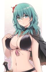 1girls alternate_costume bikini black_bikini black_capelet black_swimsuit blush breasts byleth_(female)_(summer)_(fire_emblem) byleth_(fire_emblem) byleth_(fire_emblem)_(female) capelet cleavage closed_mouth commentary_request cowboy_shot dagger enlightened_byleth_(female) female female_only fire_emblem fire_emblem:_three_houses fire_emblem_heroes flower green_eyes green_hair hair_between_eyes hair_flower hair_ornament hand_on_own_chest hibiscus highres knife komurice large_breasts long_hair looking_at_viewer midriff navel nintendo official_alternate_costume red_flower sheath sheathed sideboob sidelocks single_bare_shoulder solo standing swimsuit tassel weapon