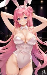 ai_generated armpits bunny_ears clothing dorothy_(nikke) goddess_of_victory:_nikke gok_(artist) hands_up high_resolution leotard long_hair pink_hair playboy_bunny purple_eyes white_leotard