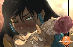 1boy 1girls avatar_legends ball_fondling ball_sucking ball_worship balls big_penis black_hair blowjob blue_eyes blush dark-skinned_female dark_hair female interracial korra licking_balls licking_penis light-skinned_male looking_at_viewer male male/female meelo native pale-skinned_male pov qualonhive saliva saliva_trail sucking sucking_penis sucking_testicles the_avatar the_legend_of_korra water_tribe wet