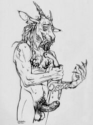 2021 absurd_res anthro balls big_hands big_penis big_teeth blade blood blood_drip bodily_fluids body_hair bovid caprine chin_tuft claws cutting_self dreadlocks dryad ear_piercing erection facial_hair facial_piercing facial_tuft fangs foreskin genitals goat goatee gore grin hairy_balls hi_res hybrid iowa_(jacqal) jacqal lidded_eyes line_art long_claws long_neck male mammal mastectomy_scar muscular muscular_male mutilation nose_piercing nose_ring penis piercing plant pruning_blade pubes receding_hairline ring_piercing scar self_harm self_mutilation septum_piercing septum_ring smile solo sweat teeth traditional_media_(artwork) vein veiny_penis