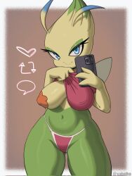 1girls anthro blue_eyes breasts celebi clothes_lift female female_only green_skin hi_res legendary_pokemon looking_at_viewer nintendo nipple_pasties pasties phone pokémon_(species) pokemon pokemon_(species) pokemorph selfie smiling smiling_at_viewer solo thick_thighs thong xabelha