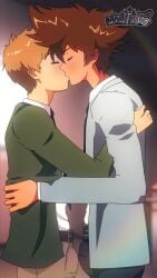 2boys animated blonde_hair brown_hair bulge closed_eyes clothed digimon digimon_adventure erect_penis erection erection_under_clothes gay grinding grinding_on_penis hard_on holding human kissing male male/male male_only maoh_king no_penetration taichi_yagami takeru_takaishi yaoi