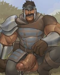 1boy armor balls bara big_balls big_eyebrows big_muscles big_penis facial_hair gay girthy huge_cock kenkudog lustful_desires male male_only moustache muscular muscular_male mustache northcrest_guard penis precum presenting solo solo_male spread_legs thick_eyebrows thick_penis veiny_muscles veiny_penis