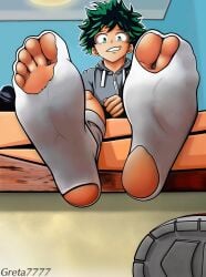 1boy feet feet_in_face foot_fetish foot_in_face freckles green_hair greta7777 izuku_midoriya male male_only my_hero_academia shoes_removed socks solo_male torn_socks