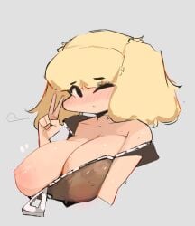 1girls blonde_hair blush breasts breasts_out breasts_out_of_clothes clothed clothing drmover female female_only hair human humanoid mammal one_eye_closed peace_sign roblox robloxian tagme