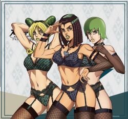 3girls alternate_version_available big_ass black_hair bra breasts dark-skinned_female dark_skin ermes_costello female female_only foo_fighters human jojo's_bizarre_adventure jolyne_kujo light-skinned_female light_skin lingerie long_hair looking_at_viewer medium_breasts panties ph4ntom.p1stol posing shounen_jump stone_ocean tagme thick_thighs underwear