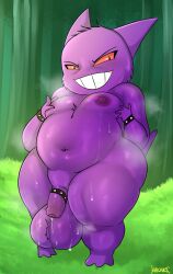 1boy animal_ears balls big_balls big_belly choker chubby chubby_male cock_ring collar ears generation_1_pokemon gengar hikinks looking_at_viewer male male_only navel nipples penis pokémon_(species) pokemon purple_skin red_eyes slightly_chubby solo solo_focus spiked_collar sweat sweatdrop sweating thick_thighs thighs wide_hips