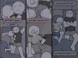 2boys alex_(homunculus) ambiguous_gender bed bedroom big_guy_(homunculus) bulge bulge_fondling cockblock comic homunculus100 kissing_penis night stickman text