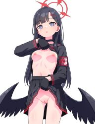 armband black_gloves black_hair blue_archive breasts breasts_apart bright_pupils censored choker clothes_lift cowboy_shot female gloves groin hair_ornament hairclip halo ichika_(blue_archive) justice_task_force_(blue_archive) lifted_by_self long_hair long_sleeves looking_at_viewer low_wings mosaic_censoring navel nipples open_mouth purple_eyes pussy sailor_collar shirt_lift skirt skirt_lift small_breasts solo special_cat trinity_general_school_student white_pupils wings