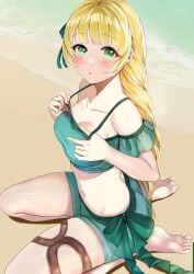 1girls absurdres alternate_costume ass bangs bare_legs bare_shoulders barefoot beach big_ass bikini blonde_hair blush braid braided_ponytail breasts cleavage collarbone commentary_request female female_only fire_emblem fire_emblem:_three_houses fire_emblem_heroes from_above green_bikini green_eyes green_ribbon green_shorts green_swimsuit hair_ribbon highres ingrid_brandl_galatea kneeling large_breasts legs long_hair looking_at_viewer looking_up navel nintendo ocean off-shoulder_bikini off_shoulder official_alternate_costume open_mouth outdoors ribbon sand seiza short_shorts short_sleeves shorts shoulders sitting solo stomach swimsuit tara_(szzj7733) thighs very_long_hair water