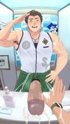 abs armpit_hair bara biceps blush fumio(ふみを) gay handjob hyper hyper_balls hyper_genitalia hyper_penis hyper_testicles idolmaster idolmaster_side-m looking_at_viewer male male_focus male_only muscle muscles muscular muscular_arms muscular_ass muscular_back muscular_legs muscular_male muscular_thighs musk musk_clouds nipples pecs pov pov_handjob pubic_hair shingen_seiji veins veiny_penis