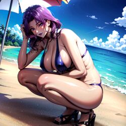 1girls ai_generated beach big_breasts bikini blush breasts code_geass cornelia_li_britannia female high_heels large_breasts light-skinned_female light_skin lipstick purple_hair sling_bikini solo swimsuit