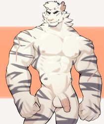 2023 abs anthro balls blue_eyes felid fur genitals grey_body grey_fur hi_res jrjresq male mammal multicolored_body multicolored_fur muscular muscular_anthro muscular_male navel nipples nude pantherine penis simple_background smile solo tiger two_tone_body two_tone_fur white_body white_fur