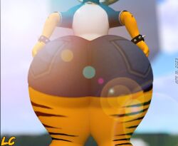 alien anthro anthro_only ass_focus big_ass bubble_butt butt_focus clothed clothing femboy feminine_male fully_clothed huge_ass huge_butt huge_thighs jean_shorts lwd_cartoonz neil_lash orange_fur outdoors shorts spiked_bracelet striped_body thick thick_hips thick_legs thick_thighs tight_clothing tshirt