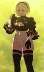 1girls breasts cleavage clothing hikarek hips medium_breasts medium_hair nier:_automata screencap skin_tight stitched thick_thighs thighhighs thighs yorha_2b